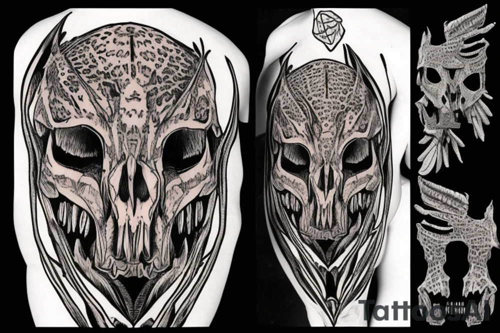 Quetzalcoatlus skull holding human skull in an Aztec leopard war mask tattoo idea