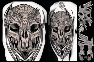 Quetzalcoatlus skull holding human skull in an Aztec leopard war mask tattoo idea