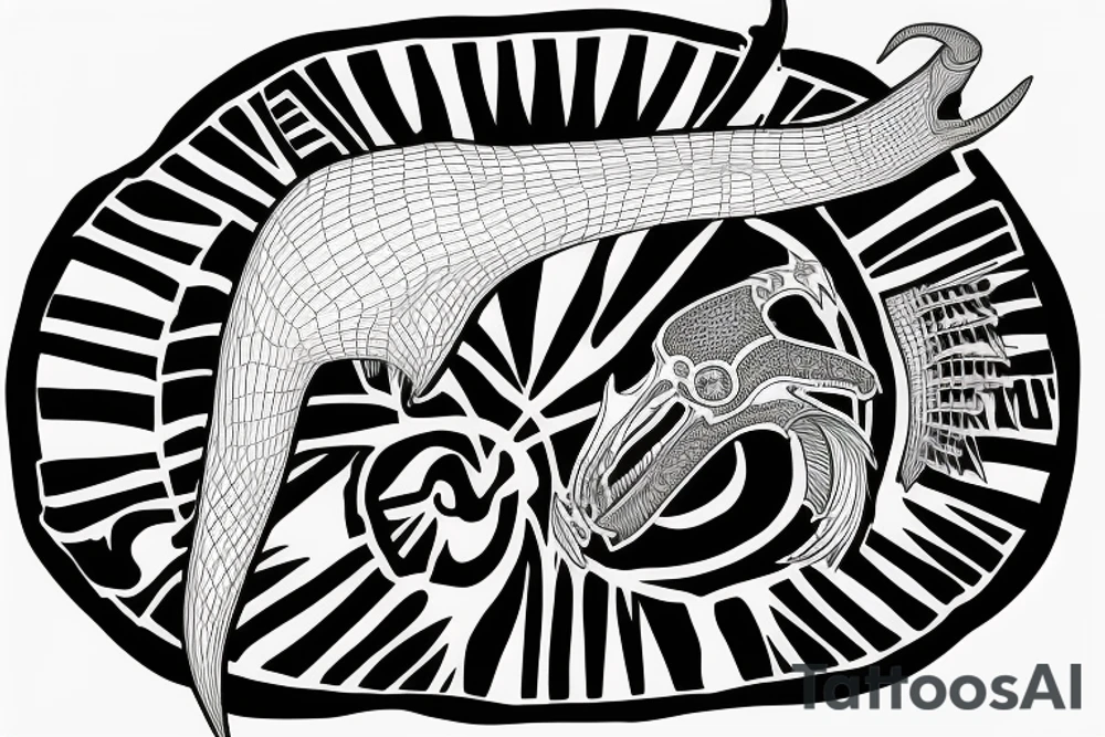 Quetzalcoatlus skull holding human skull in an Aztec leopard war mask tattoo idea