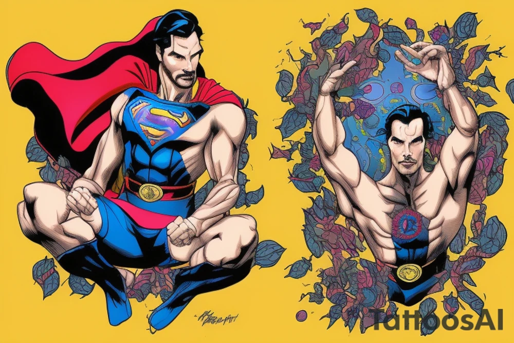 Half Superman Half Dr Strange with a split down the middle and the mind in fragments. "That Others May Live" tattoo idea