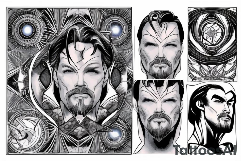 Half Superman Half Dr Strange with a split down the middle and the mind in fractals. tattoo idea