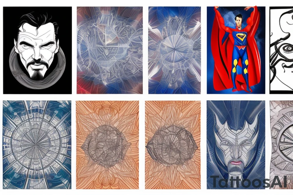Half Superman Half Dr Strange with a split down the middle and the mind in fractals. tattoo idea