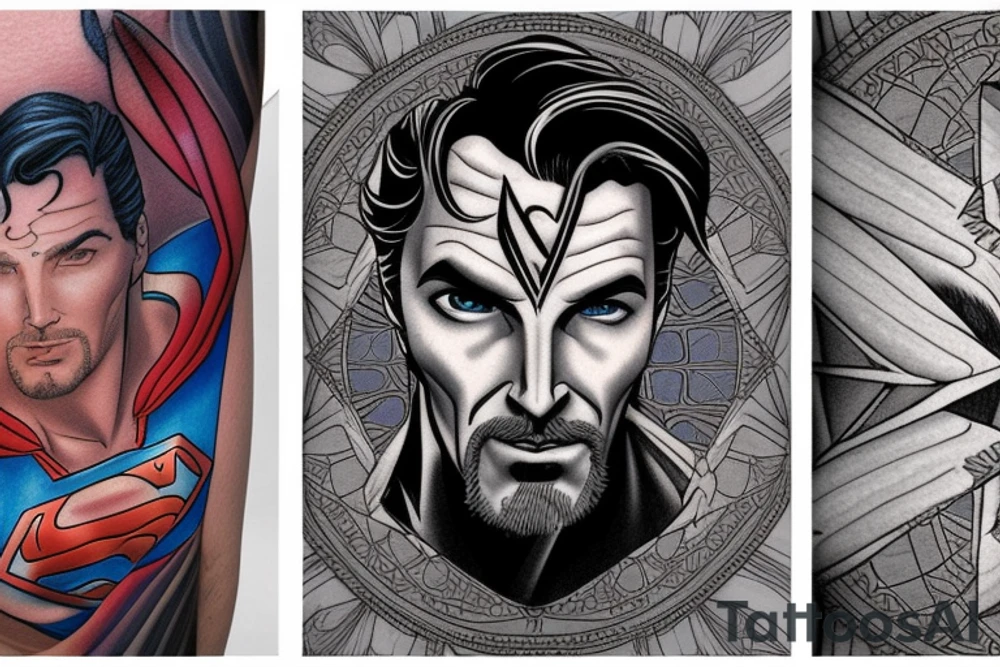 Half Superman Half Dr Strange with a split down the middle and the mind in fractals. tattoo idea