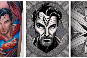 Half Superman Half Dr Strange with a split down the middle and the mind in fractals. tattoo idea