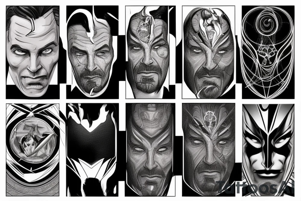 Half Superman Half Dr Strange with a split down the middle and the mind in fractals. tattoo idea