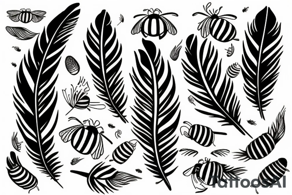 feather with bees around it tattoo idea