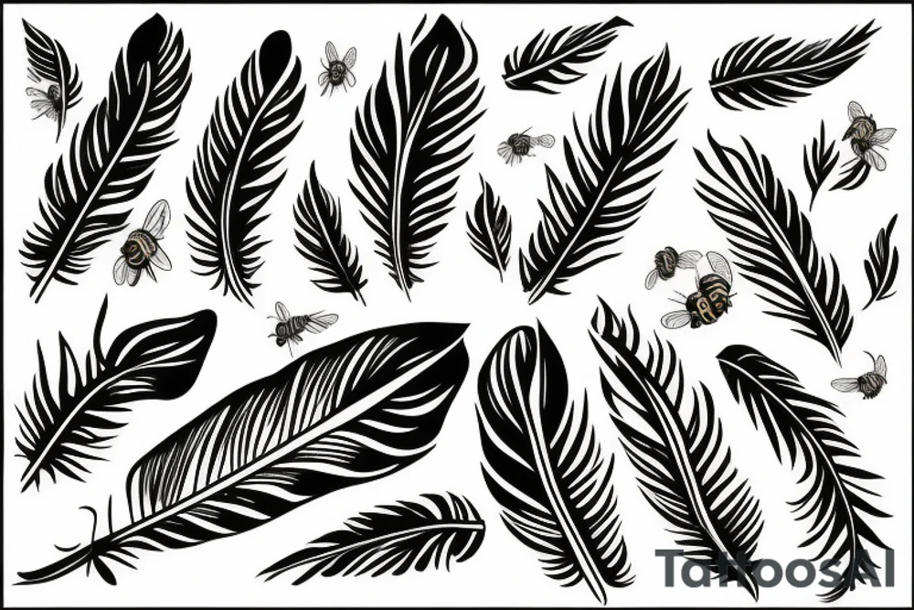 feather with bees around it tattoo idea