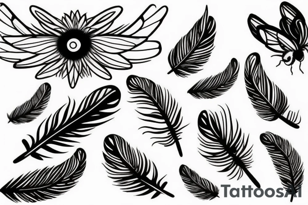 feather with bees around it tattoo idea