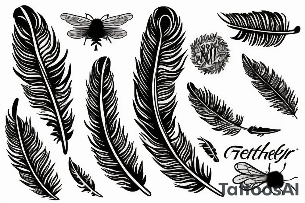 feather with bees around it tattoo idea