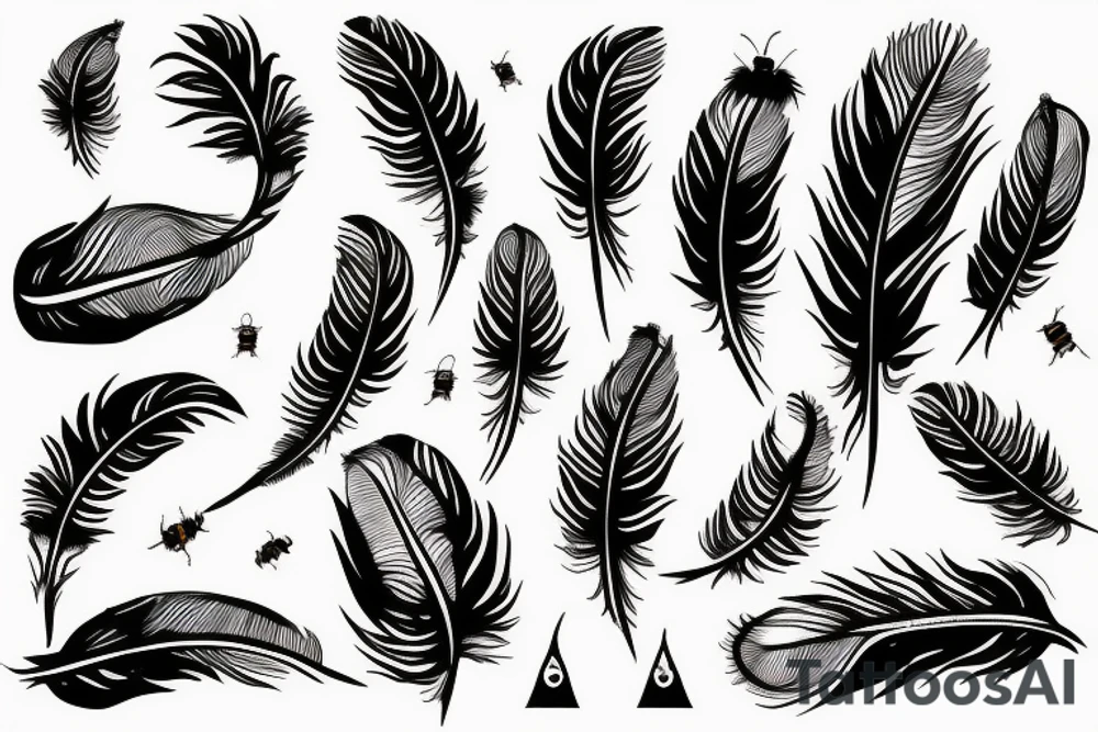 feather with bees around it tattoo idea