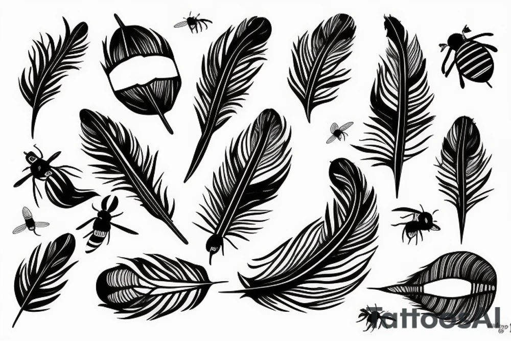 feather with bees around it tattoo idea