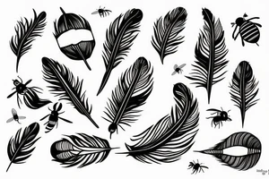 feather with bees around it tattoo idea