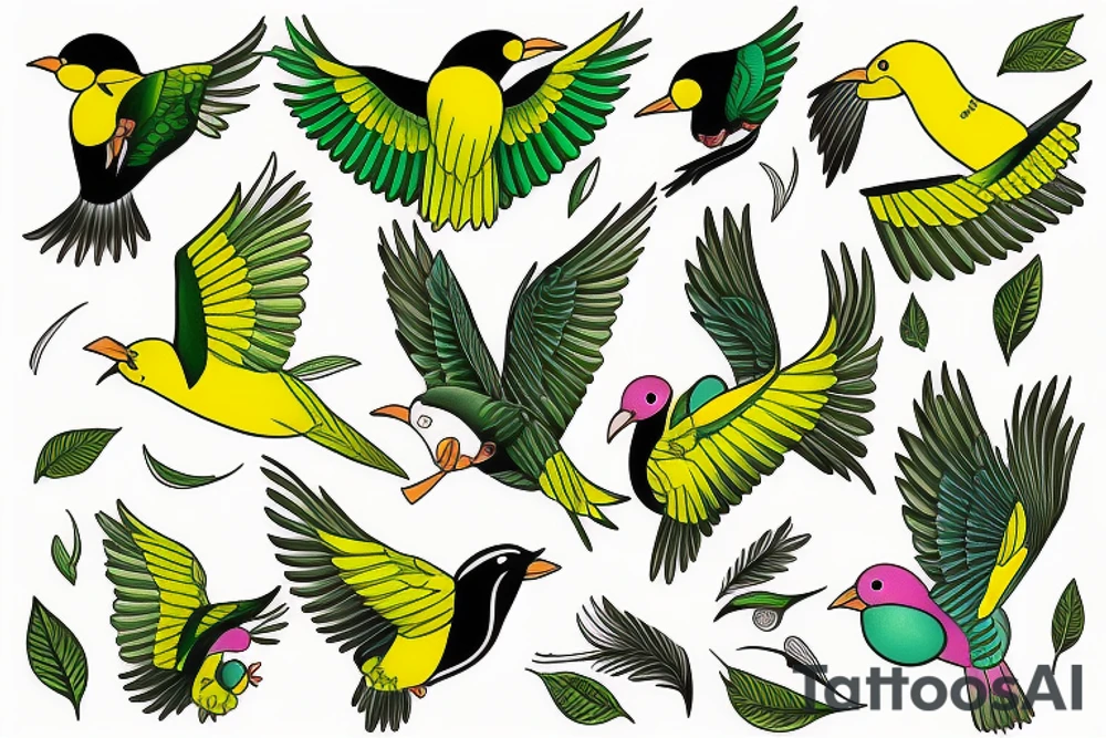 yellow bird and green bird in flight tattoo idea