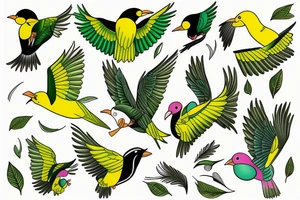 yellow bird and green bird in flight tattoo idea