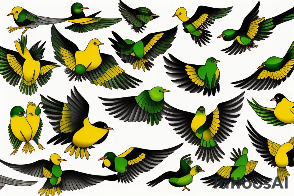 yellow bird and green bird in flight tattoo idea
