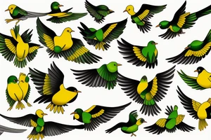 yellow bird and green bird in flight tattoo idea