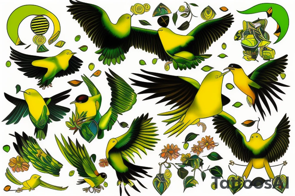yellow bird and green bird in flight tattoo idea