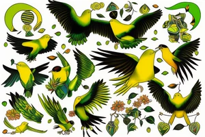 yellow bird and green bird in flight tattoo idea