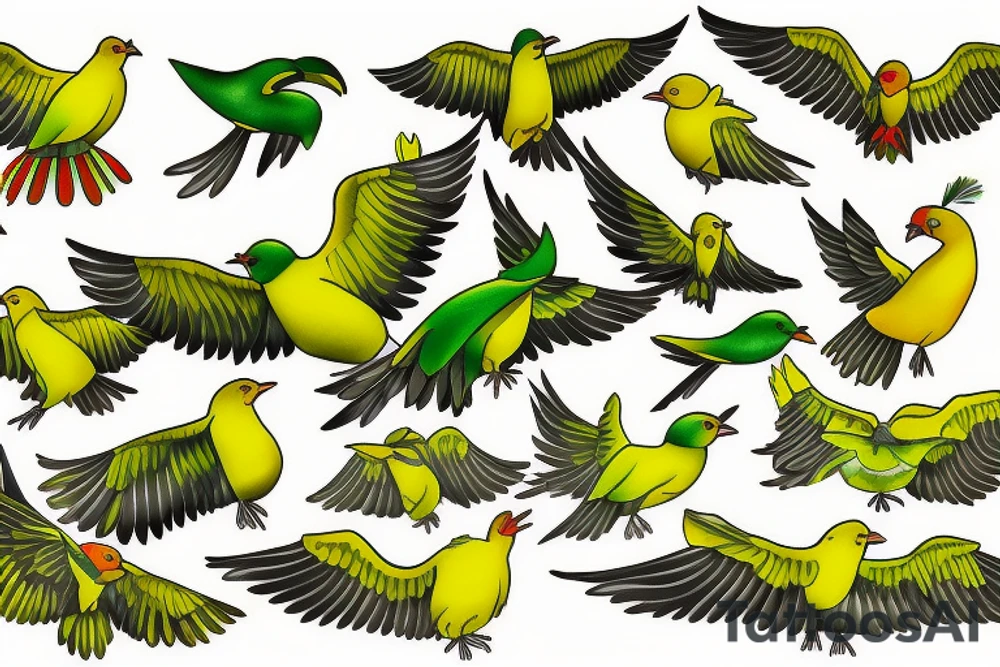 yellow bird and green bird in flight tattoo idea