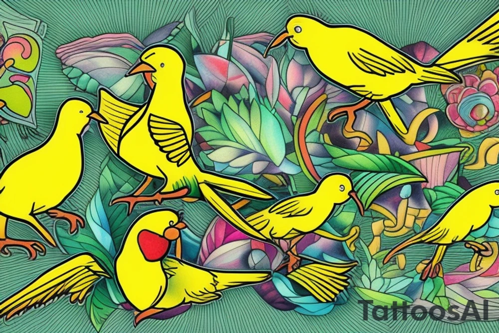 yellow bird and green bird in flight tattoo idea