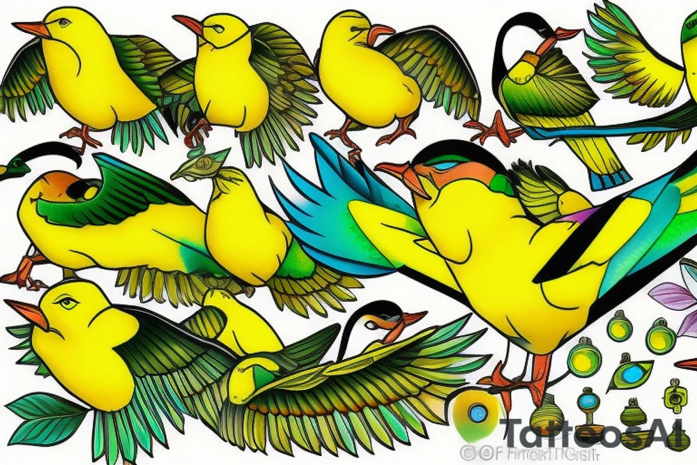 yellow bird and green bird in flight tattoo idea