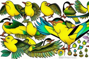 yellow bird and green bird in flight tattoo idea