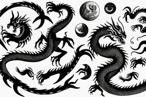 dragon turn around moon and sun tattoo idea