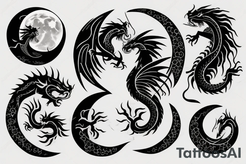 dragon turn around moon and sun tattoo idea