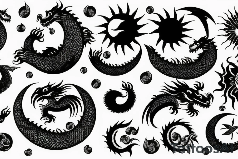 dragon turn around moon and sun tattoo idea