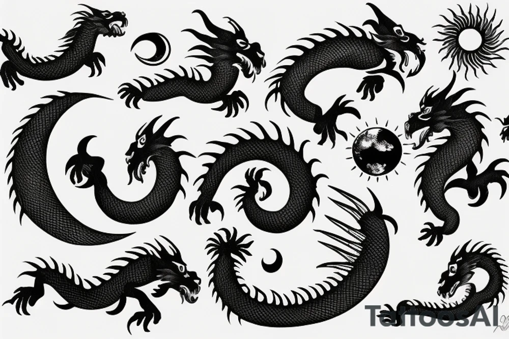 dragon turn around moon and sun tattoo idea
