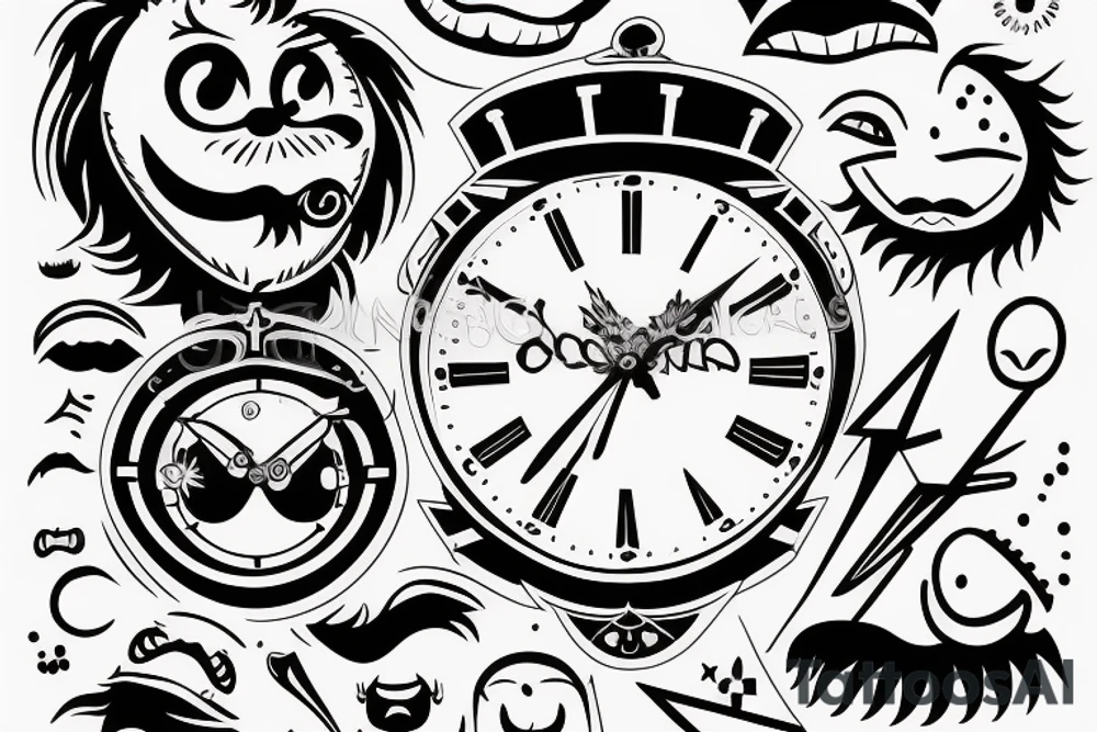 clock head, mascot, pointy mustache tattoo idea