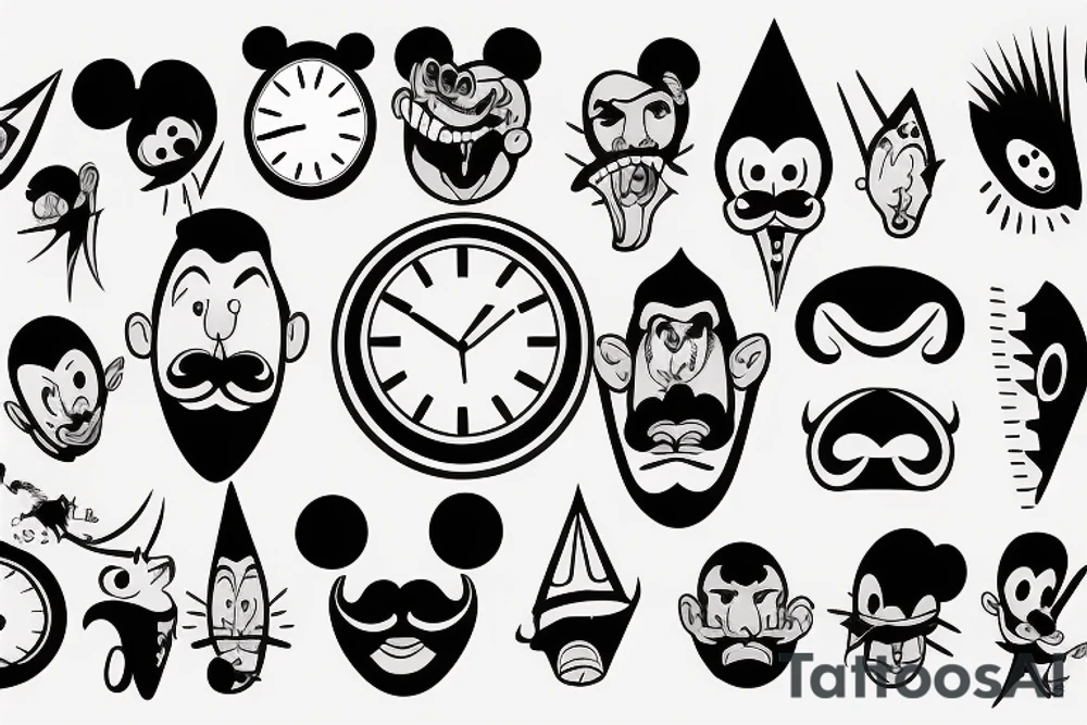 clock head, mascot, pointy mustache tattoo idea