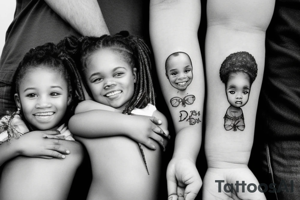 Black Dad holding two daughters one is about 5 years old the other is under a year tattoo idea