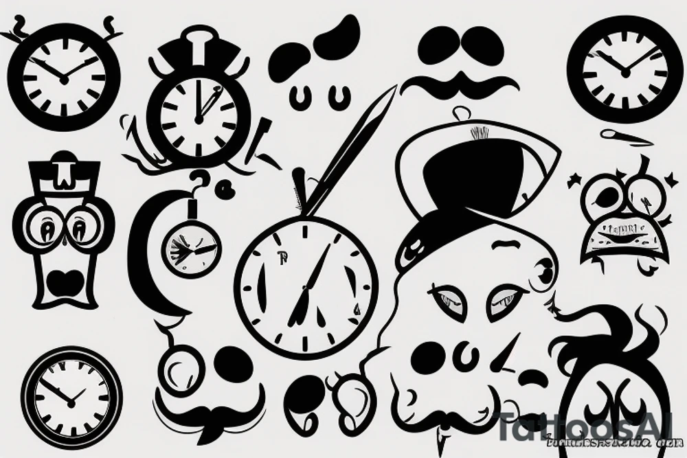 clock head, mascot, pointy mustache tattoo idea