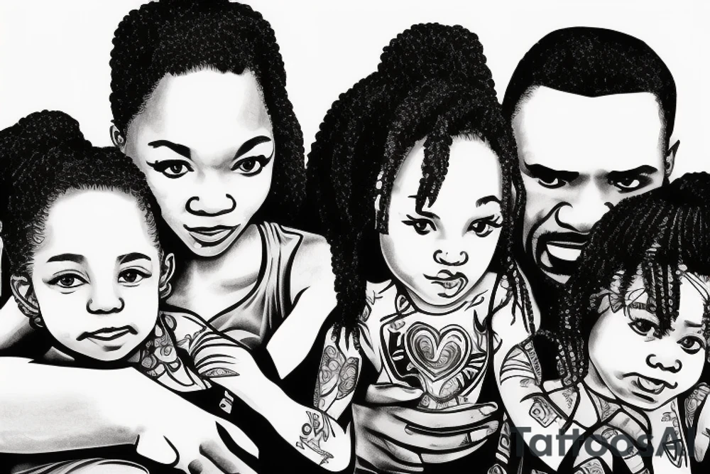 Black Dad holding two daughters one is about 5 years old the other is under a year tattoo idea