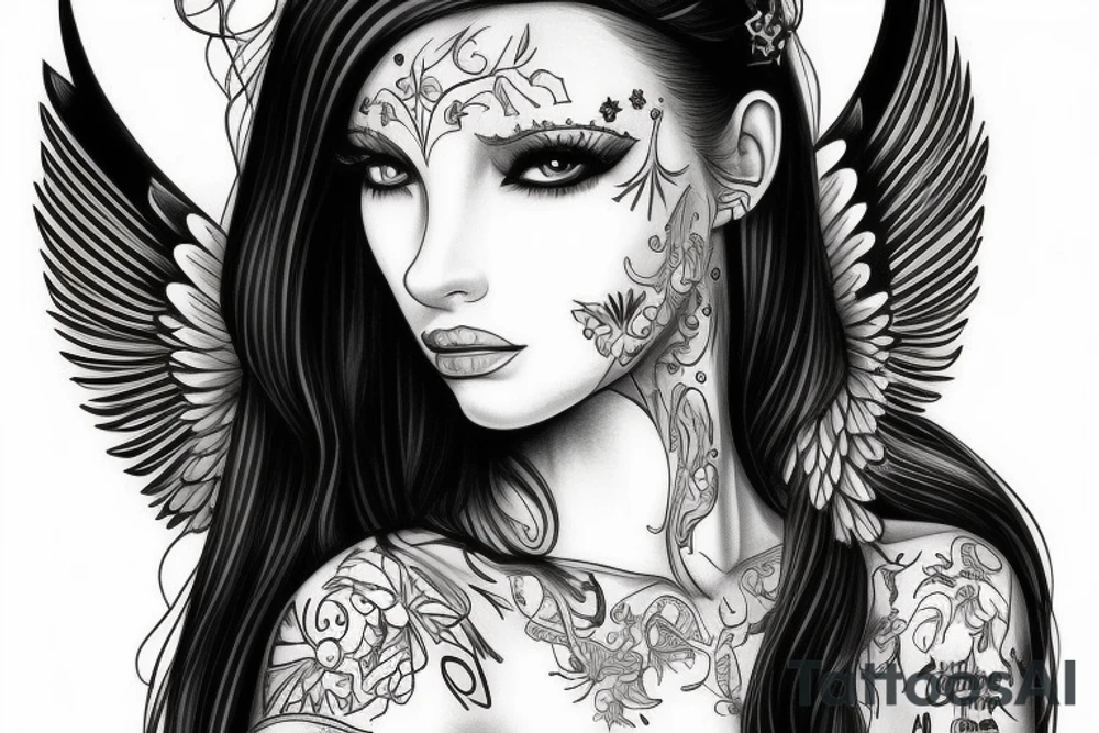 realistic female heavenly angel with green eyes, long black hair and fair skin. tattoo idea