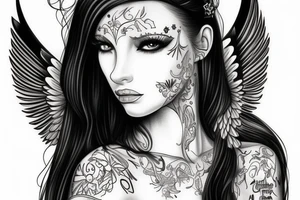 realistic female heavenly angel with green eyes, long black hair and fair skin. tattoo idea