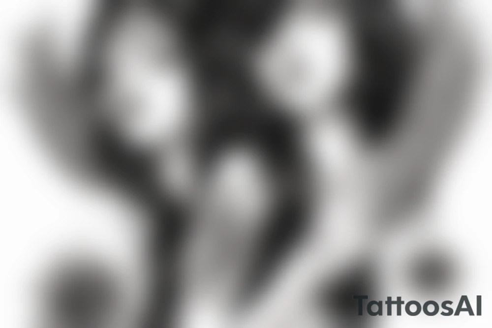 realistic female heavenly angel with green eyes, long black hair and fair skin. tattoo idea