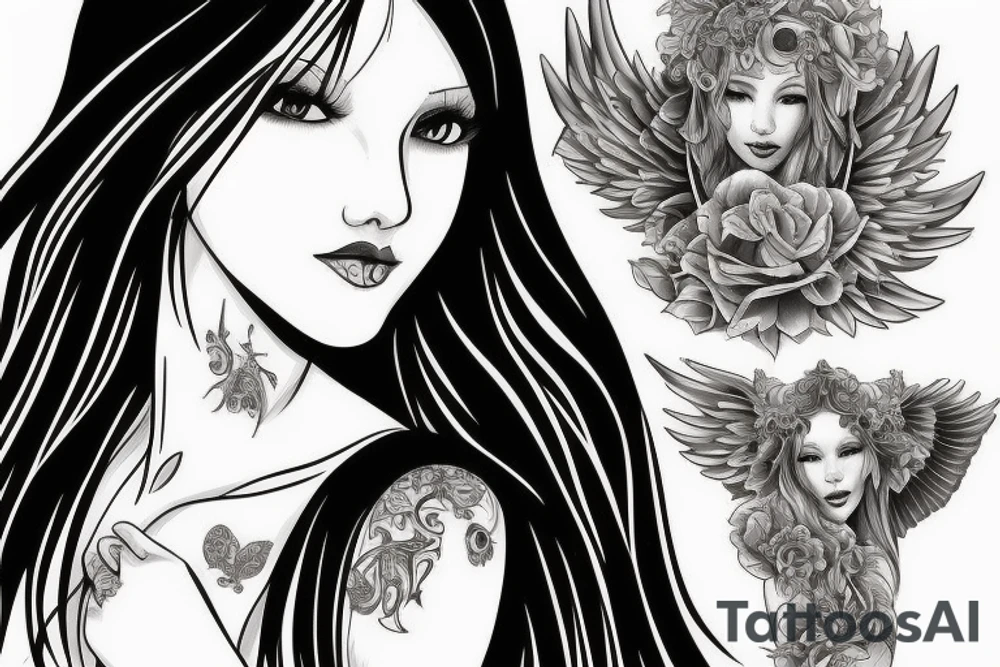realistic female heavenly angel with green eyes, long black hair and fair skin. tattoo idea