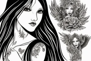 realistic female heavenly angel with green eyes, long black hair and fair skin. tattoo idea