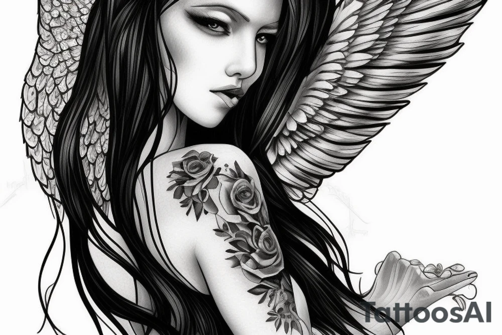 realistic female heavenly angel with green eyes, long black hair and fair skin. tattoo idea