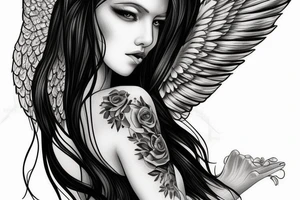 realistic female heavenly angel with green eyes, long black hair and fair skin. tattoo idea