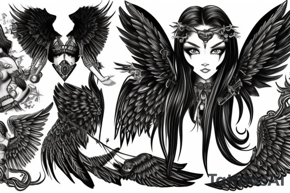 female warrior heavenly angel with big wings, green eyes, long black hair and fair skin fighting a female dark angel with big wings, red eyes and long black hair. tattoo idea