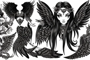 female warrior heavenly angel with big wings, green eyes, long black hair and fair skin fighting a female dark angel with big wings, red eyes and long black hair. tattoo idea