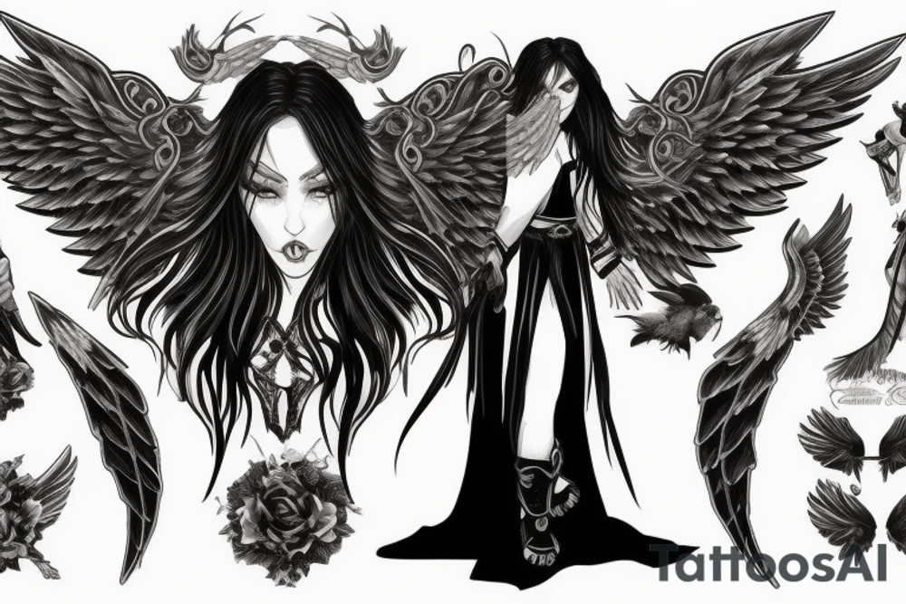 female warrior heavenly angel with big wings, green eyes, long black hair and fair skin fighting a female dark angel with big wings, red eyes and long black hair. tattoo idea