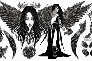 female warrior heavenly angel with big wings, green eyes, long black hair and fair skin fighting a female dark angel with big wings, red eyes and long black hair. tattoo idea
