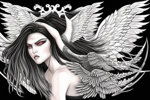 female warrior heavenly angel with big wings, green eyes, long black hair and fair skin fighting a female dark angel with big wings, red eyes and long black hair. tattoo idea