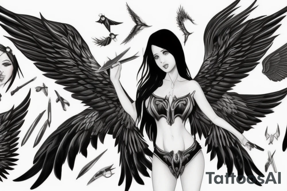 female warrior heavenly angel with big wings, green eyes, long black hair and fair skin fighting a female dark angel with big wings, red eyes and long black hair. tattoo idea