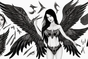 female warrior heavenly angel with big wings, green eyes, long black hair and fair skin fighting a female dark angel with big wings, red eyes and long black hair. tattoo idea
