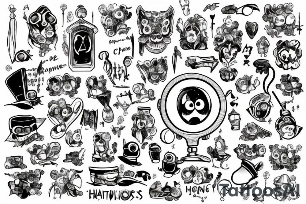 Cartoon ghost holdings a magnifying glass tattoo idea